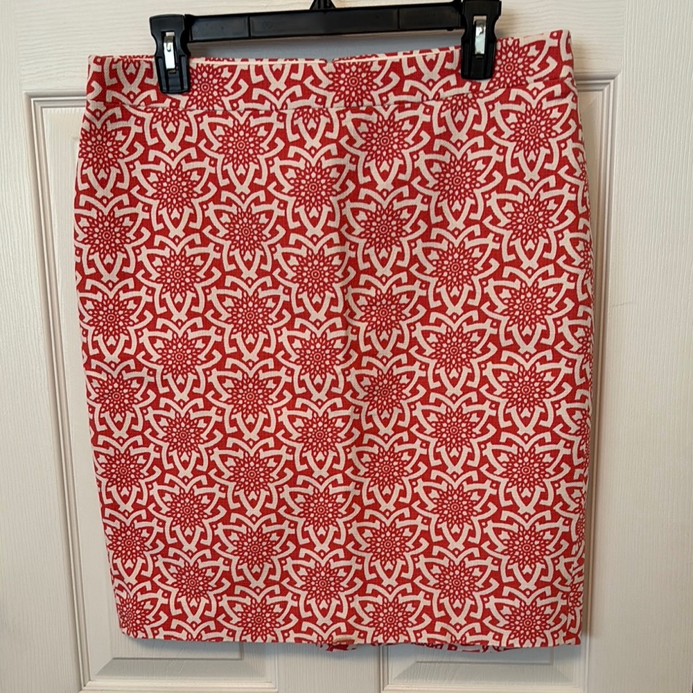 J. Crew Coral and White Basket Weave Print Pencil Skirt - Sz. 10